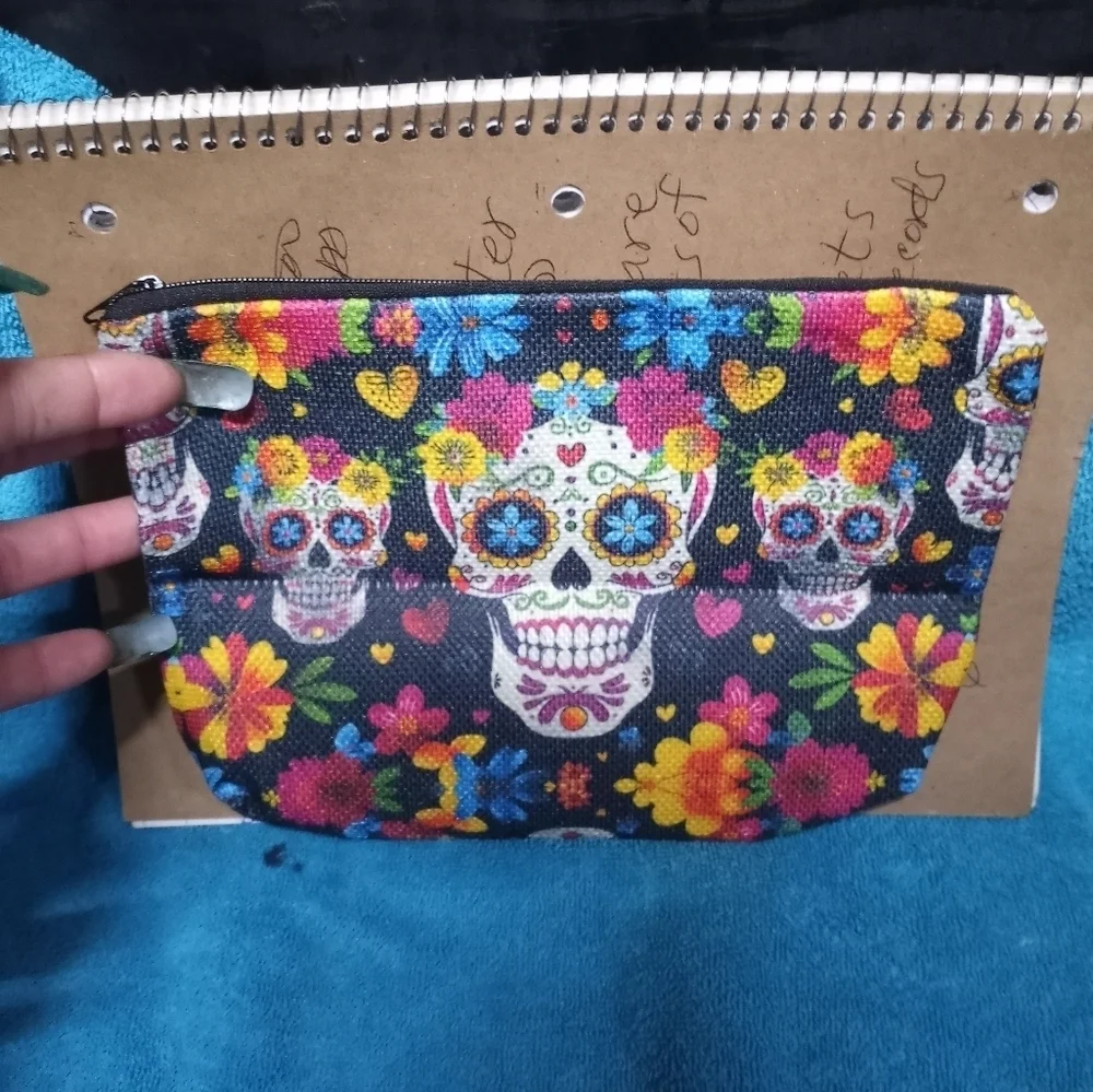 Colorful Day Of The Dead Skull and Flower Makeup Pouch Cosmetic Bag